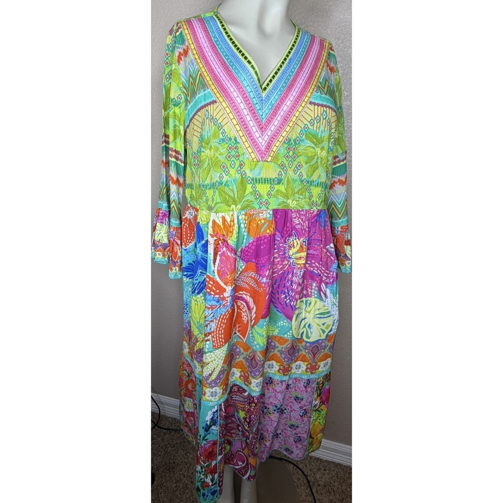 John Mark M Boho Art To‎ Wear Midi Dress Embroidered V-Neck Bell Sleeve Colorful